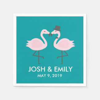 Teal Flamingo Wedding Bride & Groom Pair Napkin