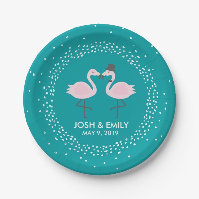 Teal Flamingo Wedding Bride & Groom Pair Paper Plate (Front)