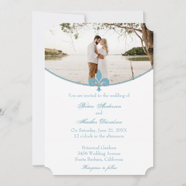 Teal Fleur de Lis Photo Wedding Invitation (Front)