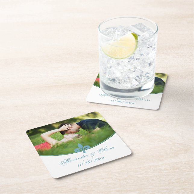 Teal Fleur de Lis Photo Wedding Paper Coasters (Insitu)