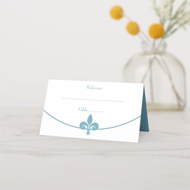 Teal Fleur de Lis Wedding Reception Place Card (Front)