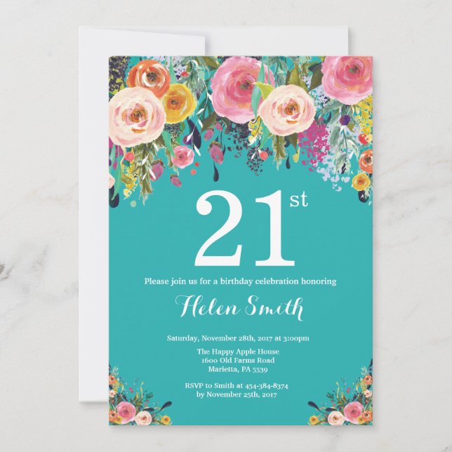 Teal Floral 21st Birthday Invitation (Front)