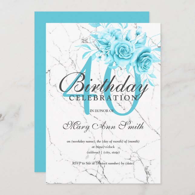 Teal Floral 40th Birthday Party Marble Invitation (Front/Back)