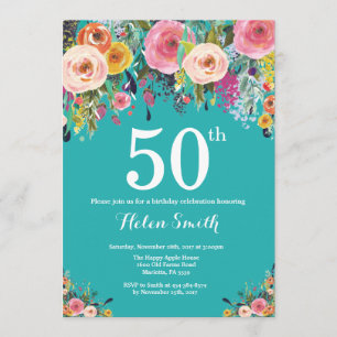 Teal Floral 50th Birthday Invitation
