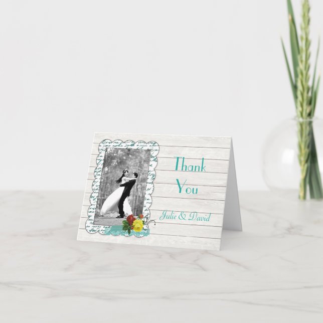 Teal Floral and Wood Wedding Thank You Card (Front)