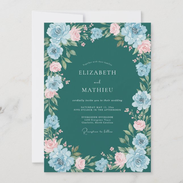 Teal Floral Arch Flourish Wedding Invitation (Front)