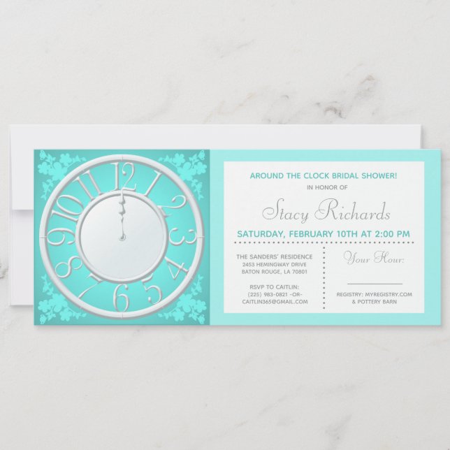 Teal Floral Around the Clock Shower Invite (Front)
