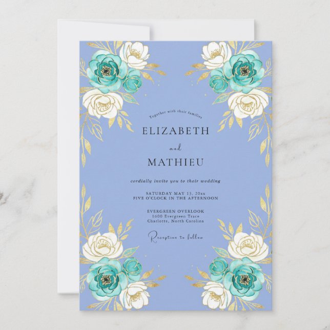 Teal Floral Arrangement Wedding Invitation (Front)