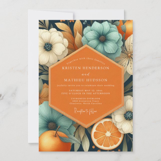 Teal Floral Autumn Elegance Wedding Invitation (Front)