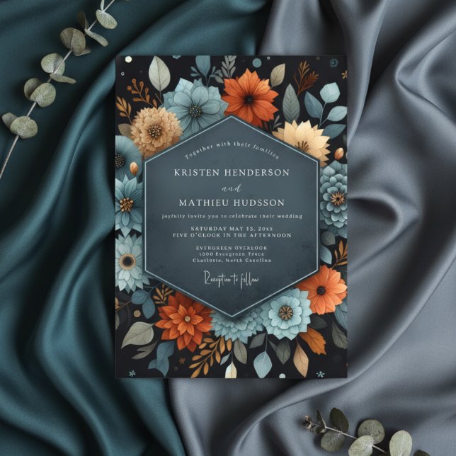 Teal Floral Autumn Opulent Wedding Invitation (Creator Uploaded)