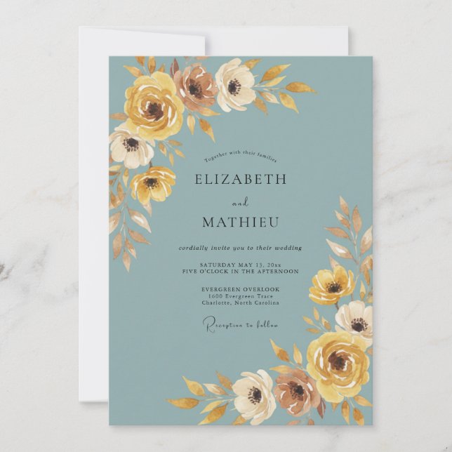 Teal Floral Autumn Romance Wedding Invitation (Front)