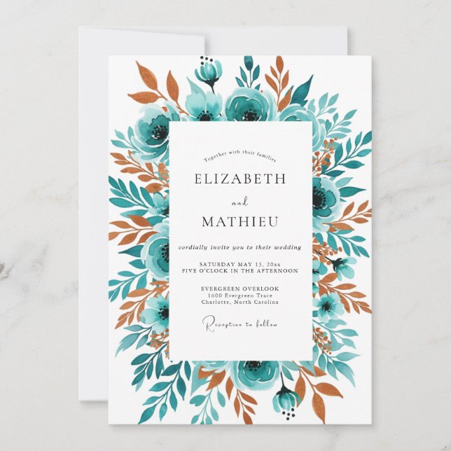 Teal Floral Autumn Wedding Invitation (Front)