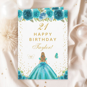 Teal Floral Blonde Hair Girl Happy Birthday Card