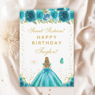 Teal Floral Blonde Hair Girl Sweet Sixteen Card