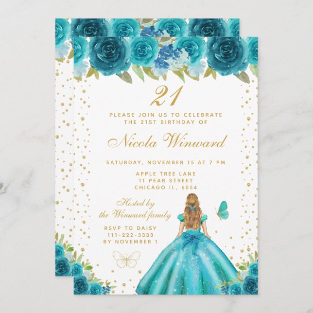 Teal Floral Blonde Hair Princess Birthday Party Invitation (Front/Back)