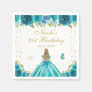 Teal Floral Blonde Hair Princess Birthday Party Napkin
