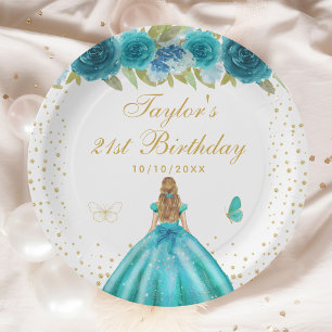 Teal Floral Blonde Hair Princess Birthday Party Paper Plate