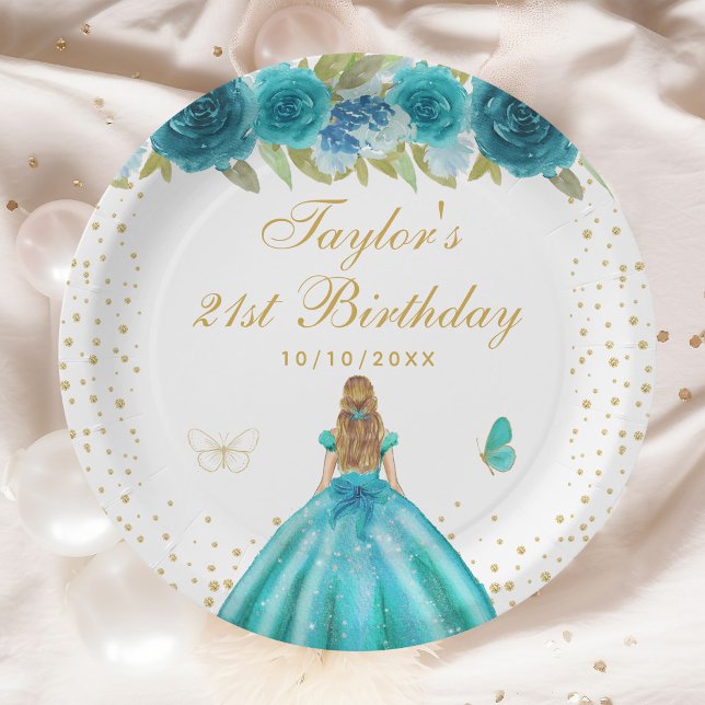 Teal Floral Blonde Hair Princess Birthday Party Paper Plate (Creator Uploaded)