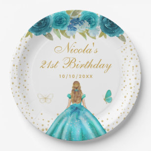 Teal Floral Blonde Hair Princess Birthday Party Paper Plate