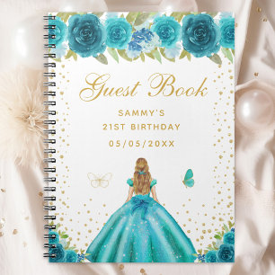 Teal Floral Blonde Hair Princess Guest Book