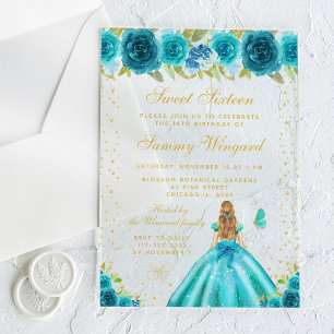 Teal Floral Blonde Hair Princess Sweet Sixteen Acrylic Invitations