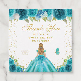 Teal Floral Blonde Hair Princess Sweet Sixteen Favour Tags