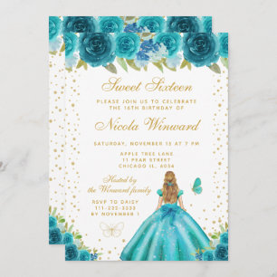 Teal Floral Blonde Hair Princess Sweet Sixteen Invitation