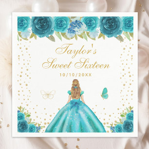 Teal Floral Blonde Hair Princess Sweet Sixteen Napkin