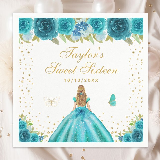 Teal Floral Blonde Hair Princess Sweet Sixteen Napkin (Creator Uploaded)