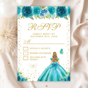 Teal Floral Blonde Hair Princess Sweet Sixteen RSVP Card