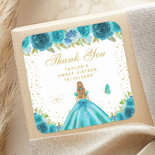 Teal Floral Blonde Hair Princess Sweet Sixteen Square Sticker