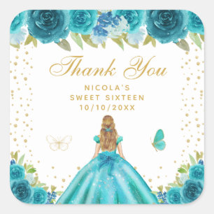 Teal Floral Blonde Hair Princess Sweet Sixteen Square Sticker