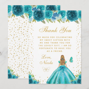 Teal Floral Blonde Hair Princess Sweet Sixteen Thank You Card