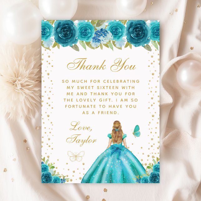 Teal Floral Blonde Hair Princess Sweet Sixteen Thank You Card (Creator Uploaded)