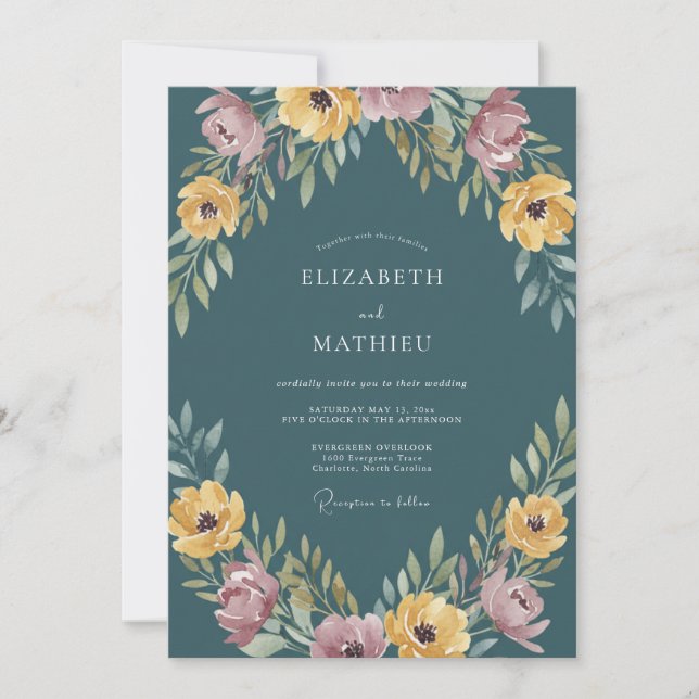 Teal Floral Bloom Romance Wedding Invitation (Front)