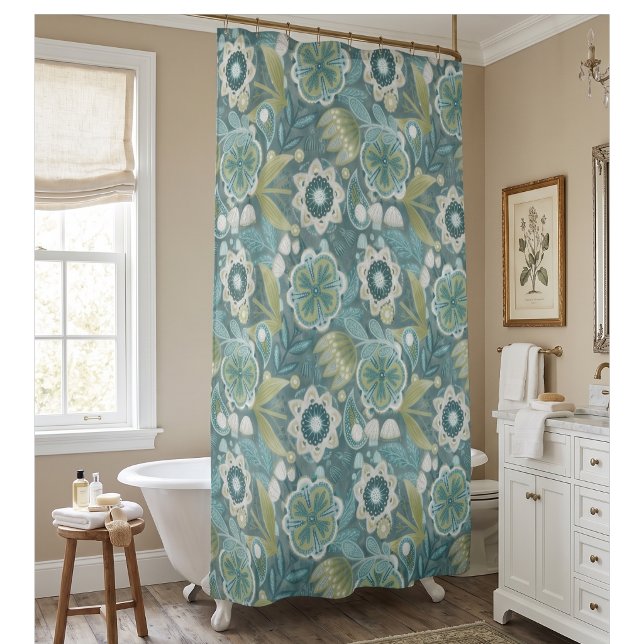 Teal Floral Boho Botanical Pattern Shower Curtain (Creator Uploaded)