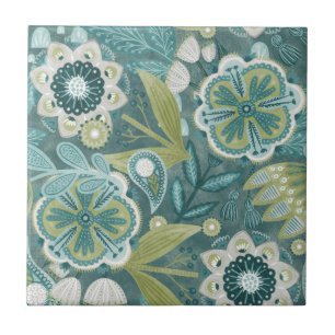 Teal Floral Boho Botanical Pattern Tile