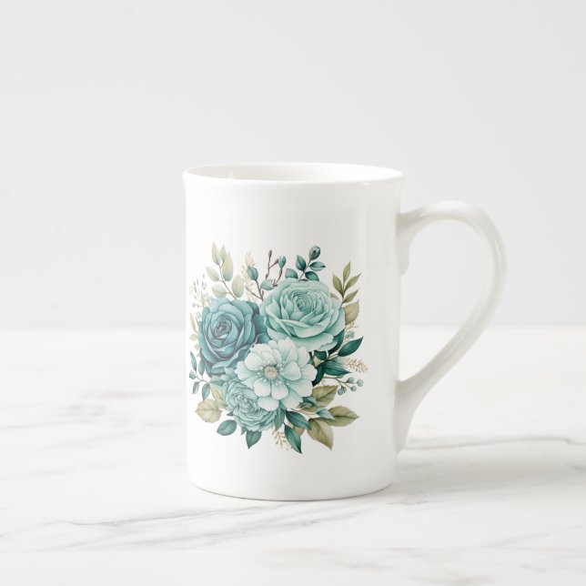 Teal Floral  Bone China Mug (Right)