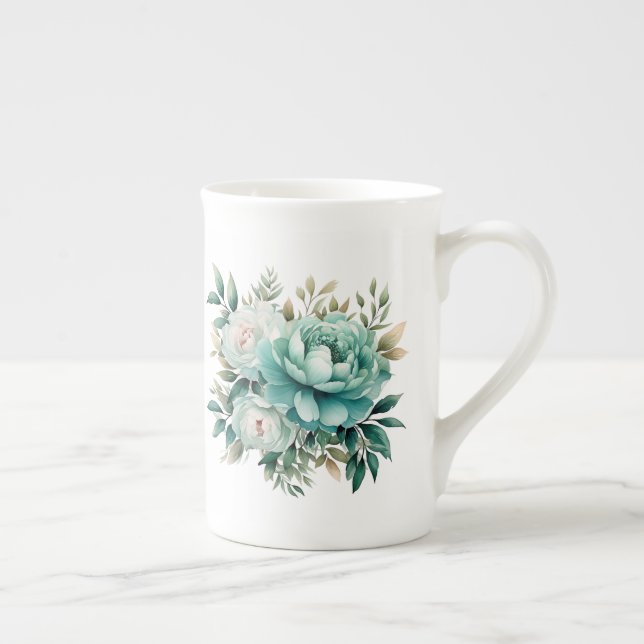 Teal Floral  Bone China Mug (Right)