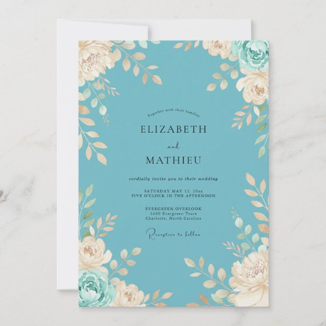 Teal Floral Botanical Flourish Wedding Invitation (Front)