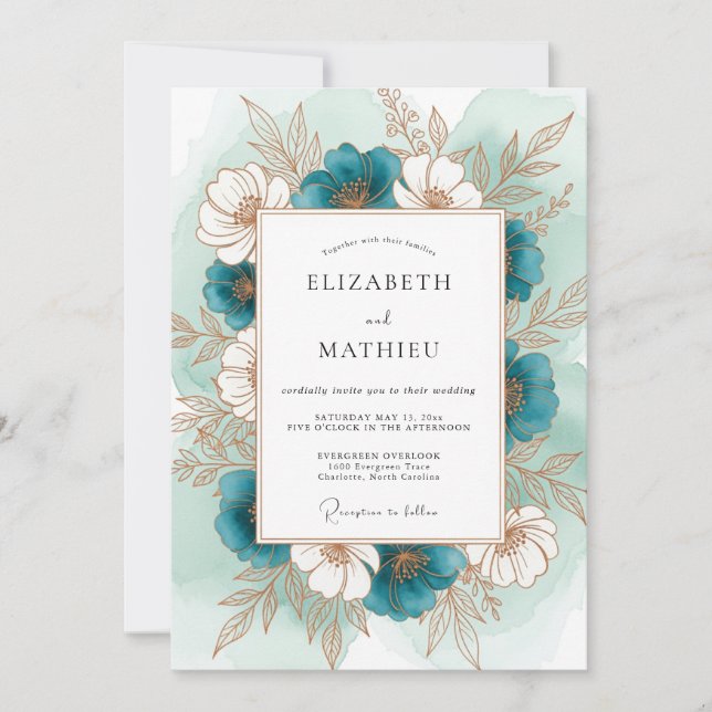 Teal Floral Botanical Romance Wedding Invitation (Front)