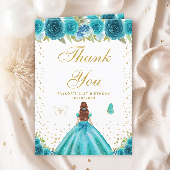 Teal Floral Brown Hair Girl Birthday Party Thank You Card (Creator Uploaded)