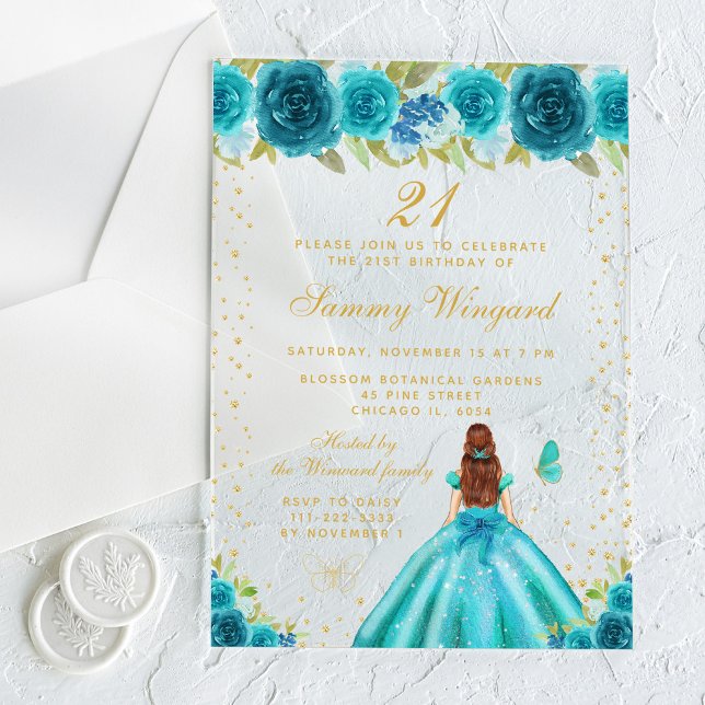 Teal Floral Brown Hair Princess Birthday Party Acrylic Invitations (Creator Uploaded)