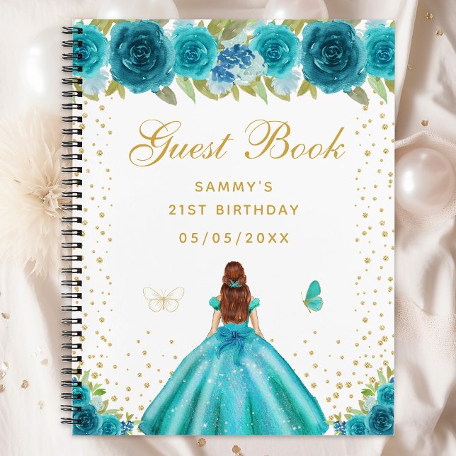 Teal Floral Brown Hair Princess Guest Book (Creator Uploaded)