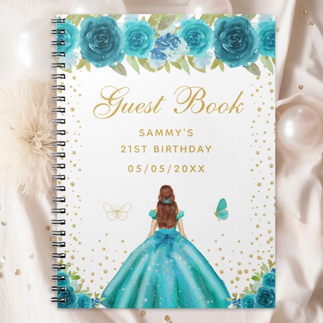Teal Floral Brown Hair Princess Guest Book (Creator Uploaded)