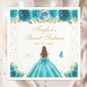 Teal Floral Brown Hair Princess Sweet Sixteen Napkin
