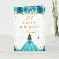Teal Floral Brunette Hair Girl Birthday