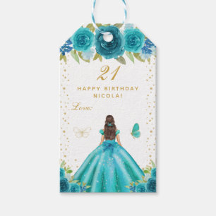 Teal Floral Brunette Hair Girl Happy Birthday Gift Tags