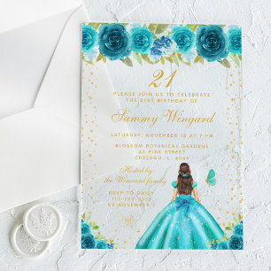 Teal Floral Brunette Hair Princess Birthday Party Acrylic Invitations
