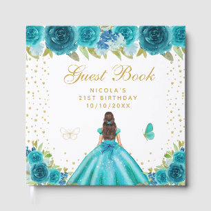 Teal Floral Brunette Hair Princess Birthday Party Guest Book
